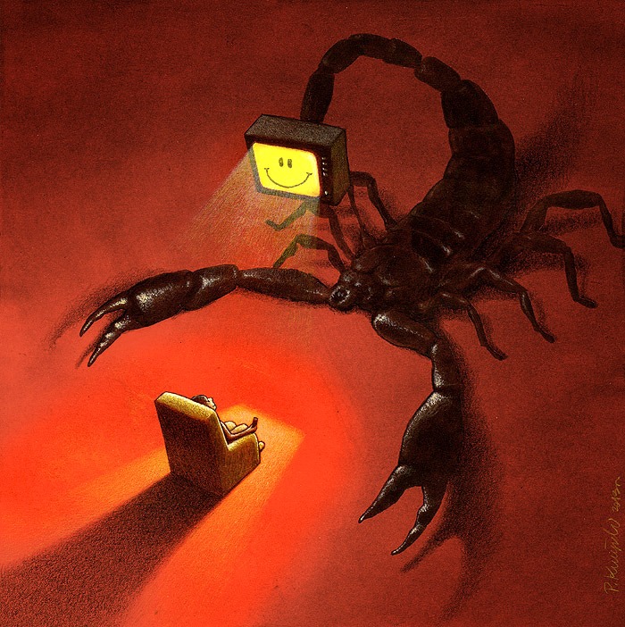 Dark scorpion with a smiling TV screen head shining light on a person in a chair, symbolizing society's ills metaphor artwork.