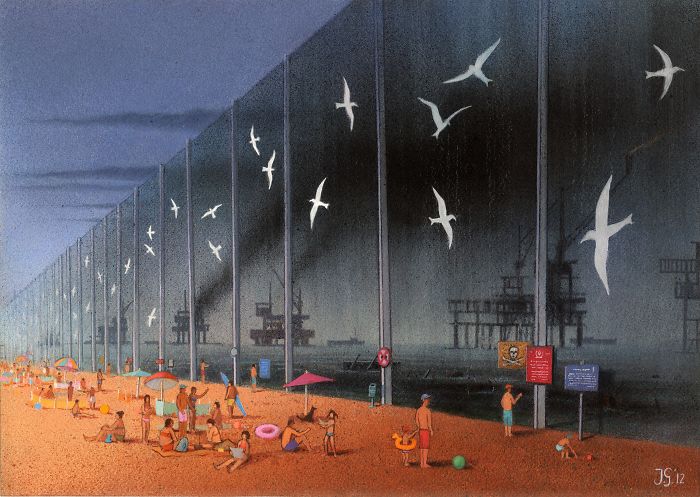 Surreal art by Polish artist depicting society’s ills with a beach scene divided by a tall industrial fence and pollution.