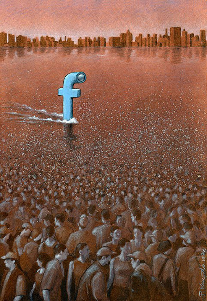 Surreal artwork depicting a blue social media icon navigating a sea of people, a metaphor about society from Polish artist.