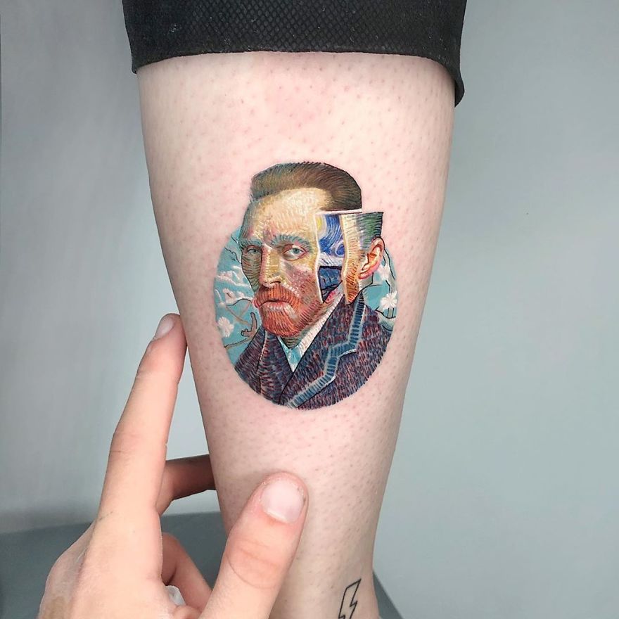 Colorful micro tattoo of a man's portrait on skin, resembling a mini pop culture painting by Eden Kozokaro.