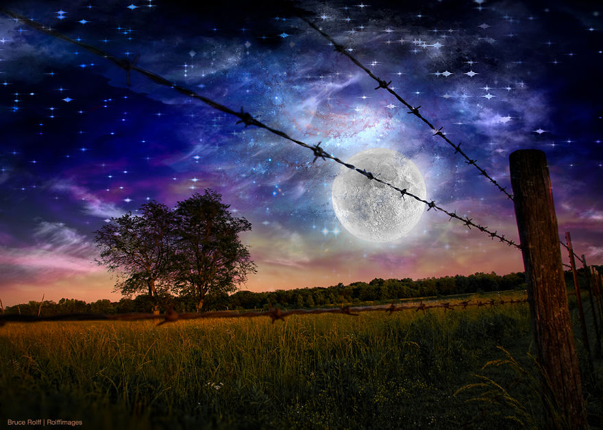 Giant Moon Over Rural Landscape