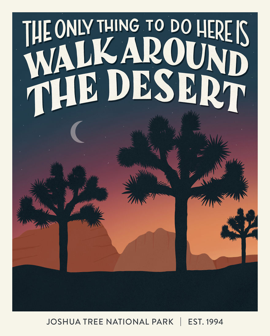 illustrated desert at night with trees and the moon 
