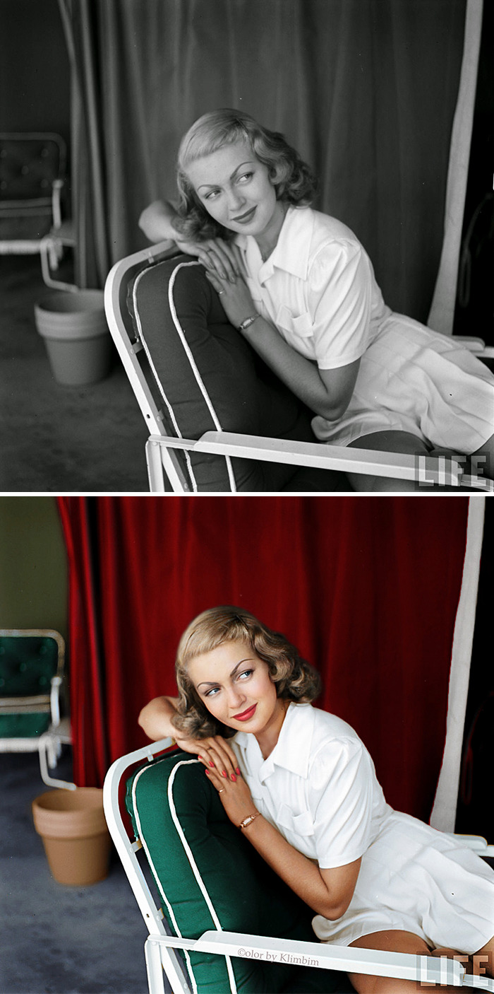 Black and white and colorized photo of a classical Hollywood star reclining on a cushioned chair by Russian artist.