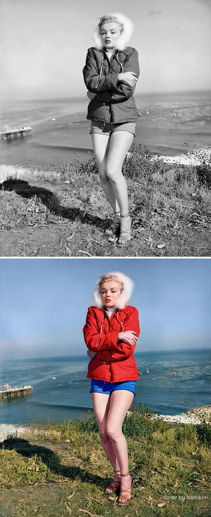 Black and white and colorized photos of a classical Hollywood star standing by the sea in winter clothes.