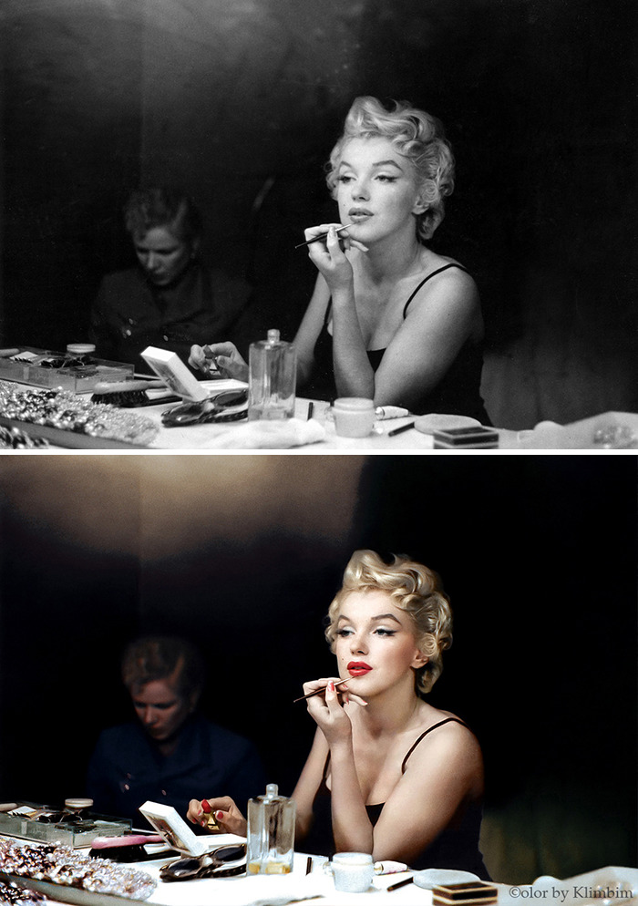 Black and colorized images of classical Hollywood stars applying makeup at a dressing table by Russian artist.
