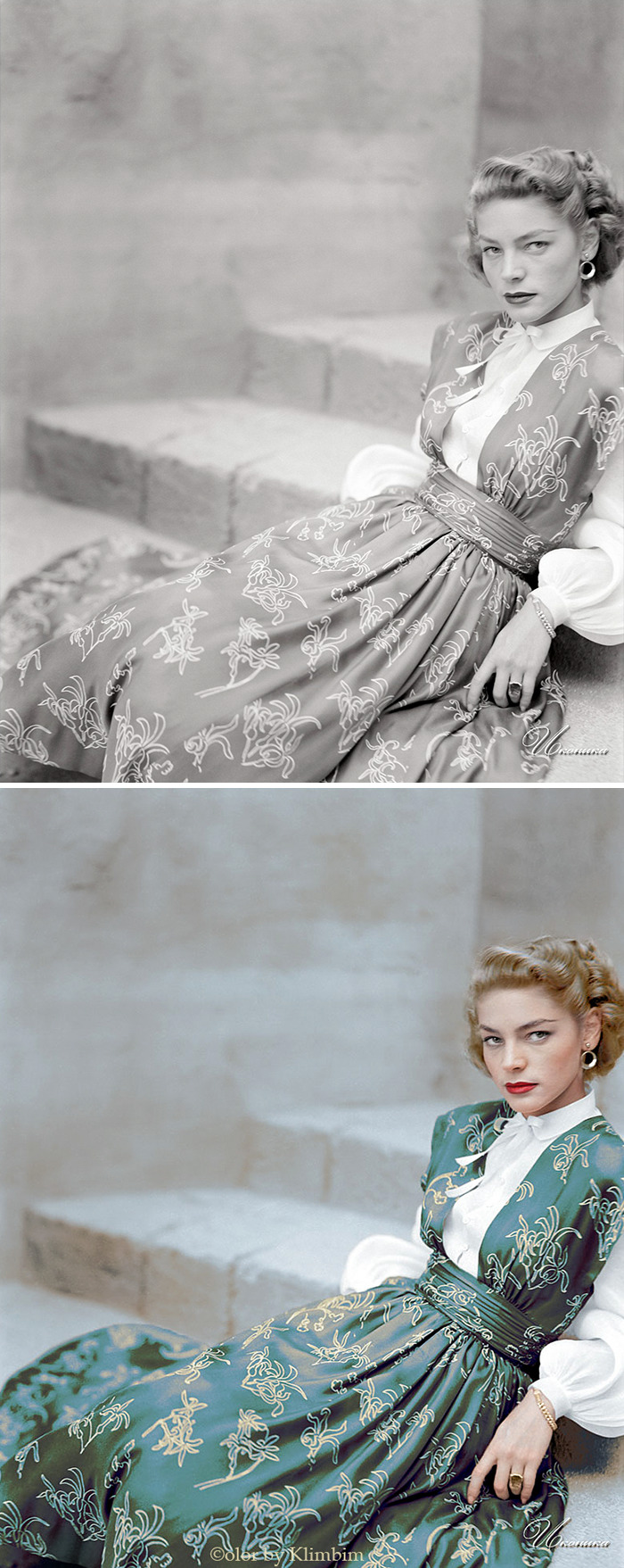 Classical Hollywood star in patterned dress sitting on stone steps, colorized by Russian artist showing before and after.