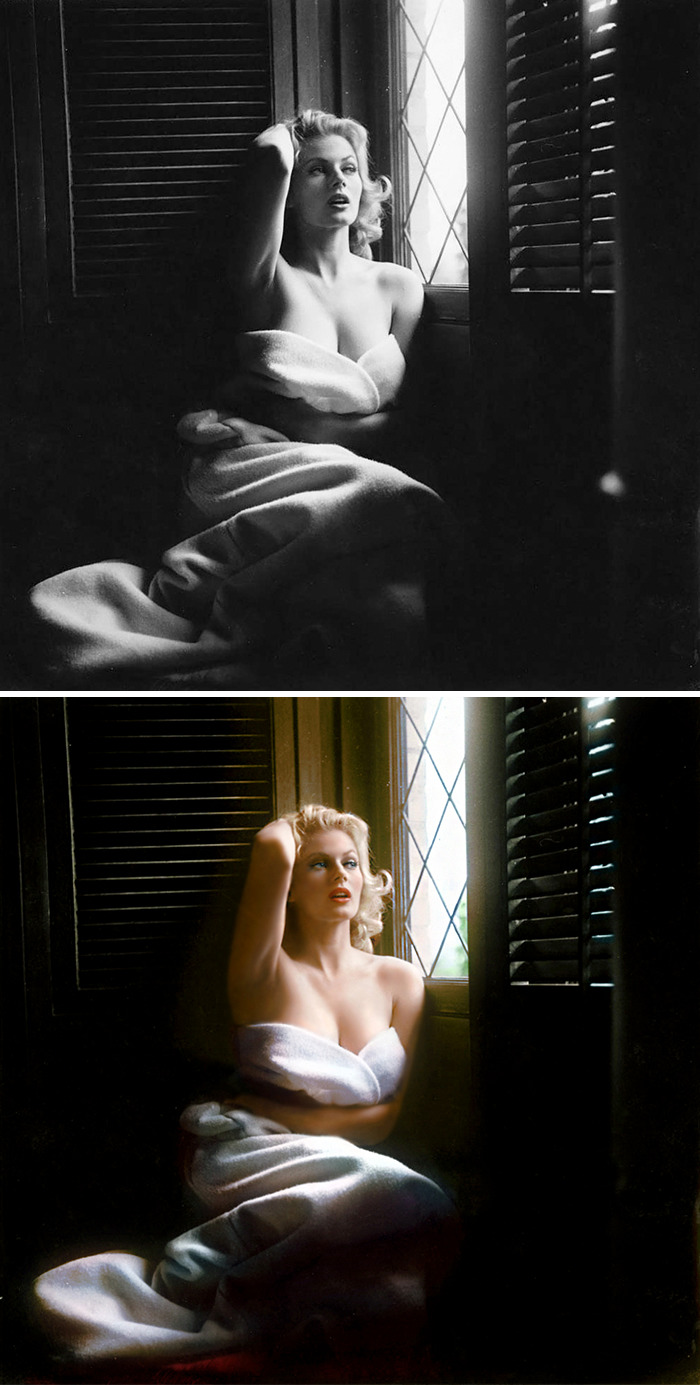 Classic Hollywood star wrapped in a towel, posed by a window, shown in black and white and colorized by Russian artist.