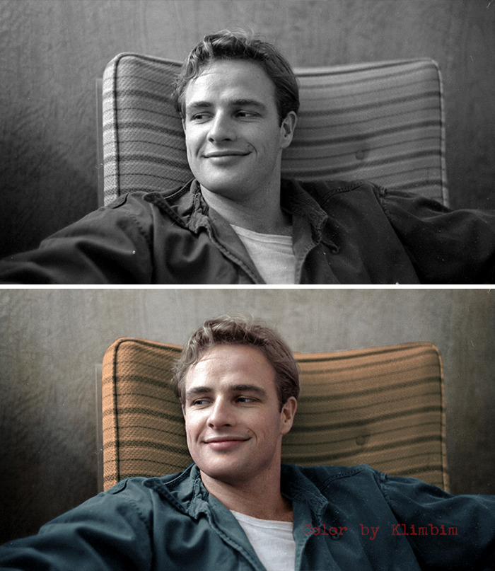 Classic Hollywood star sitting on striped chair, shown in black and white and colorized by Russian artist.