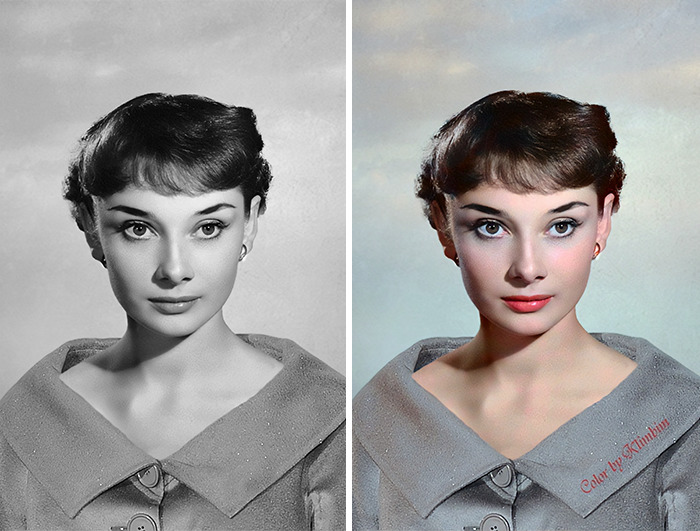Classic Hollywood star portrait in black and white and colorized, showcasing colorized work by Russian artist.
