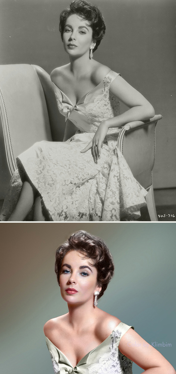 Classical Hollywood star portrait before and after colorization by Russian artist, showcasing vintage glamour and elegance.