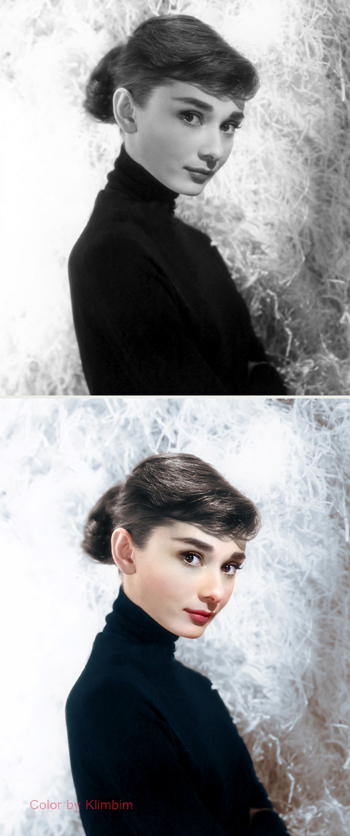 Black and white and colorized portrait of a classical Hollywood star by Russian artist, showing elegant woman in turtleneck.