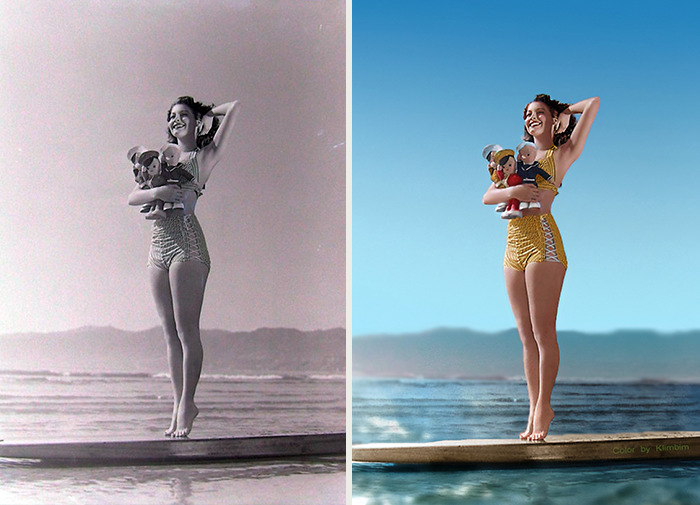 Classical Hollywood stars colorized by Russian artist showing a woman in vintage swimsuit holding dolls on a surfboard.