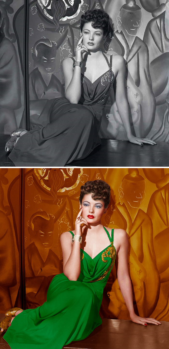 Classic Hollywood star in elegant green dress, colorized by Russian artist showcasing vibrant and detailed transformation.