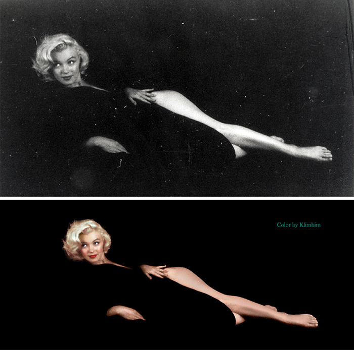 Black and white and colorized image of a classical Hollywood star reclining, colorized by Russian artist.