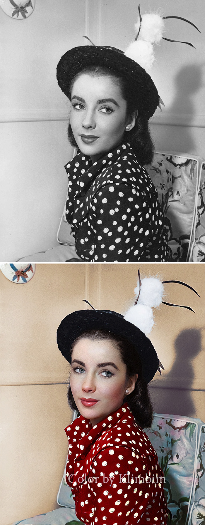 Classical Hollywood star in polka dot dress and hat, shown in original black and white and colorized by Russian artist.