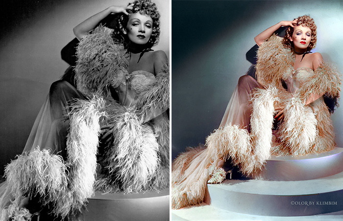 Classical Hollywood star in glamorous feathered gown, shown in original black and white and colorized by Russian artist.