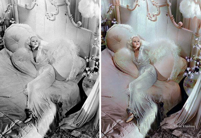 Classical Hollywood star reclining on bed, shown in original black and white and colorized by Russian artist side by side.