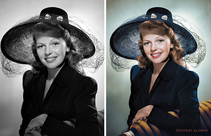 Black and white versus colorized portrait of a classical Hollywood star wearing a large hat by Russian artist.