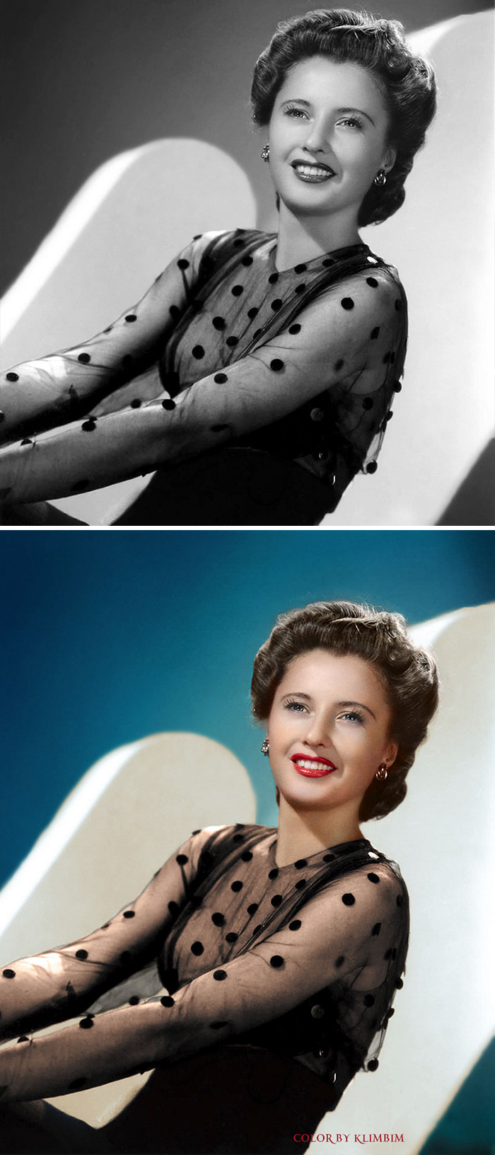 Classical Hollywood stars colorized by Russian artist showing a smiling woman in a polka dot sheer dress.