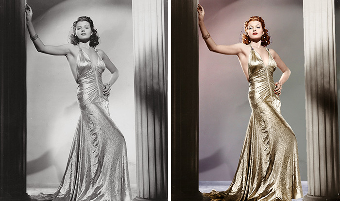 Classical Hollywood star in a gold gown, colorized by Russian artist, posing confidently beside a column.