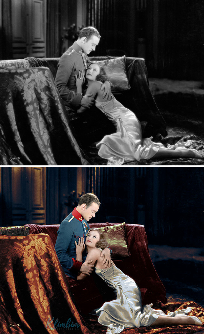 Classical Hollywood stars colorized by Russian artist, showing a man in uniform embracing a woman in satin dress.