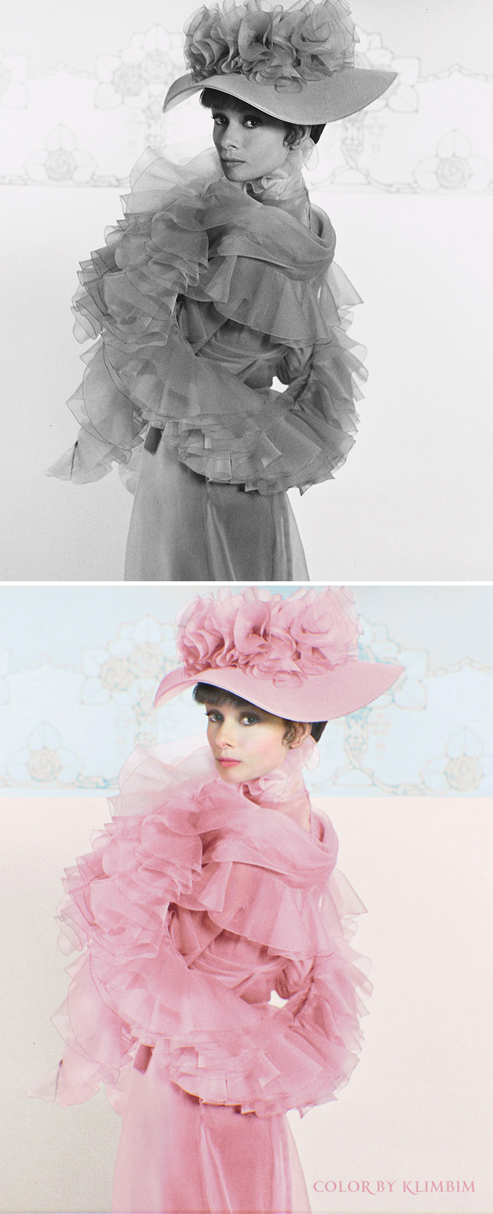 Classical Hollywood star in a vintage ruffled dress and large hat shown in original black and white and colorized version.