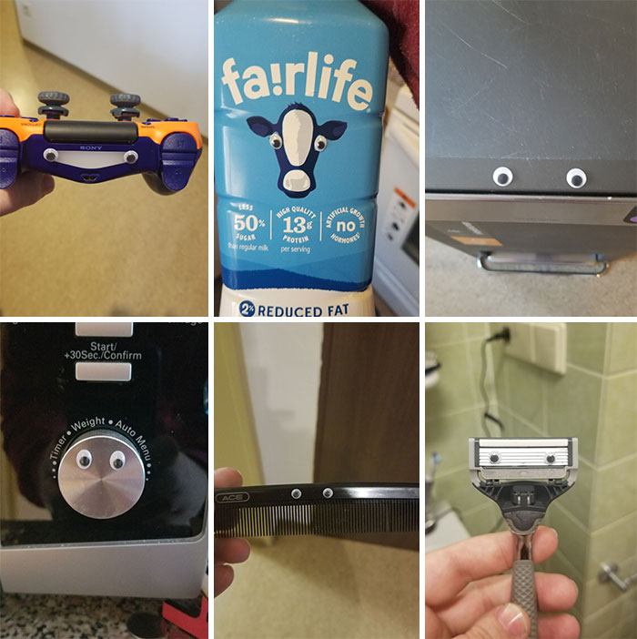 My Husband Was Having A Bad Day At Work, So I Hid Over 30 Pairs Of Googly Eyes All Over The Apartment. Some Of Them He Won't Find For A Few Months