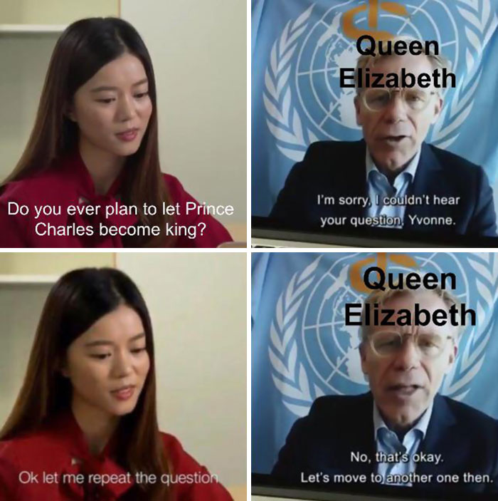 A woman asks about Prince Charles, while a man labeled as Queen Elizabeth humorously avoids the question in a meme format.