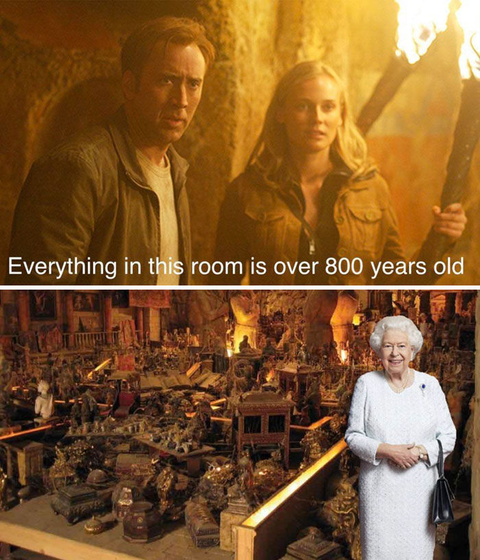 "Scene with actors in a cave holding torches, with a humorous meme about the Queen being immortal in front of treasures."