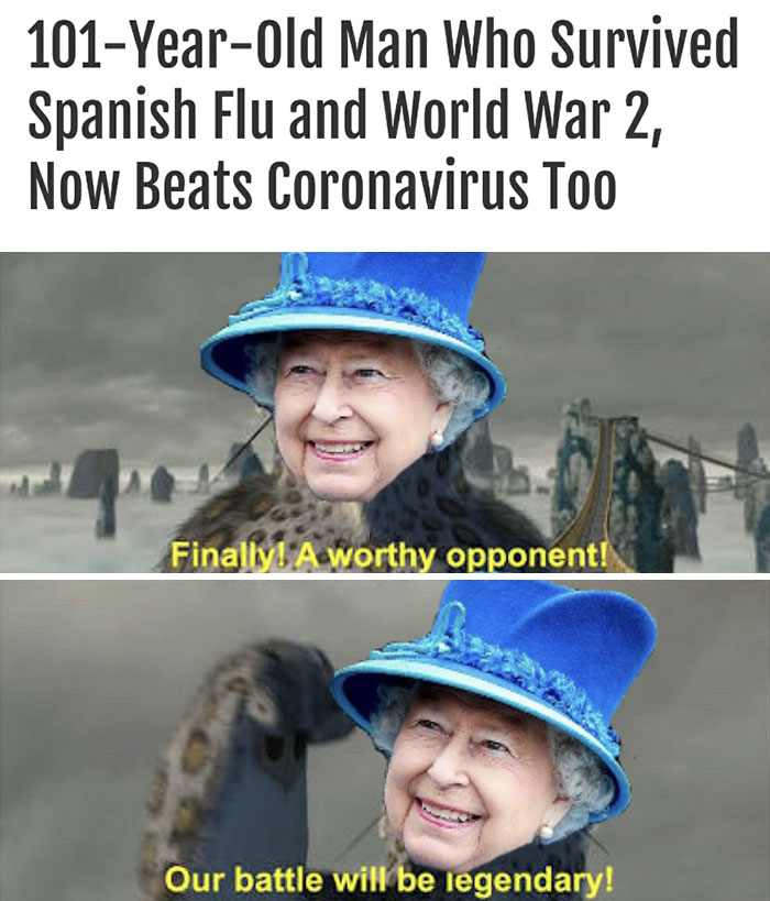Queen depicted in a humorous meme about immortality, wearing a blue hat and smiling, with playful captions suggesting endurance.