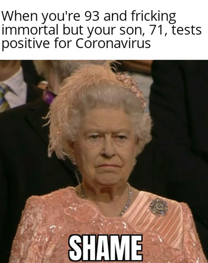 Elderly woman in pink dress with stern expression, humorous text about immortality and a relative's positive coronavirus test.
