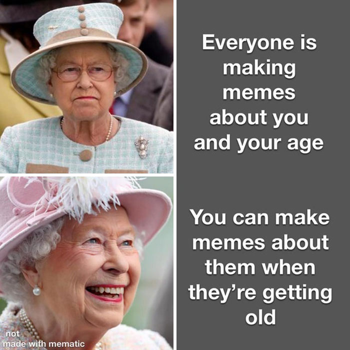 Queen in two images: serious in the first, smiling in the second, with text about memes and aging.