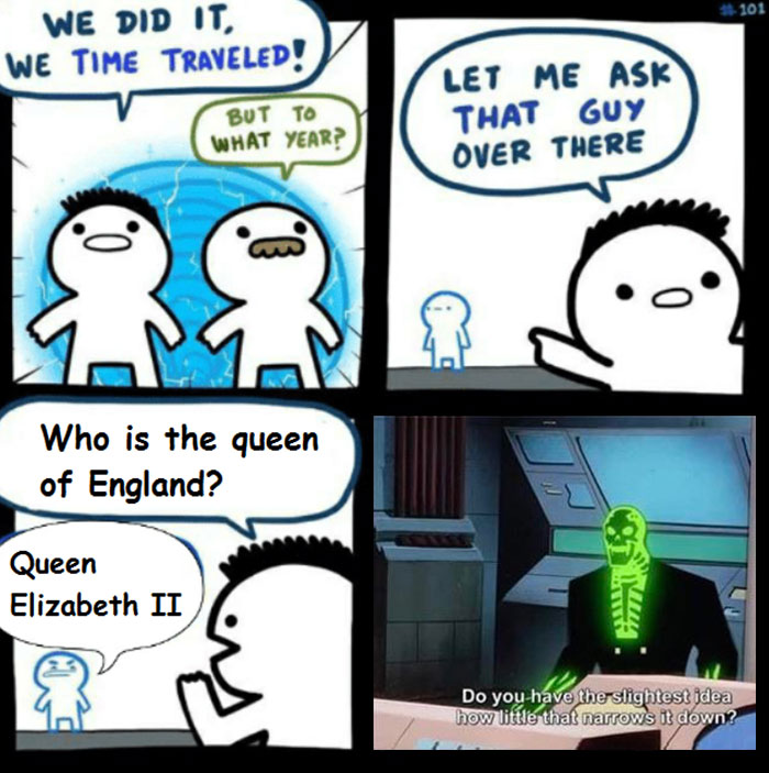 Comic strip meme with characters time traveling, humorously implying Queen Elizabeth II's reign spans many years.