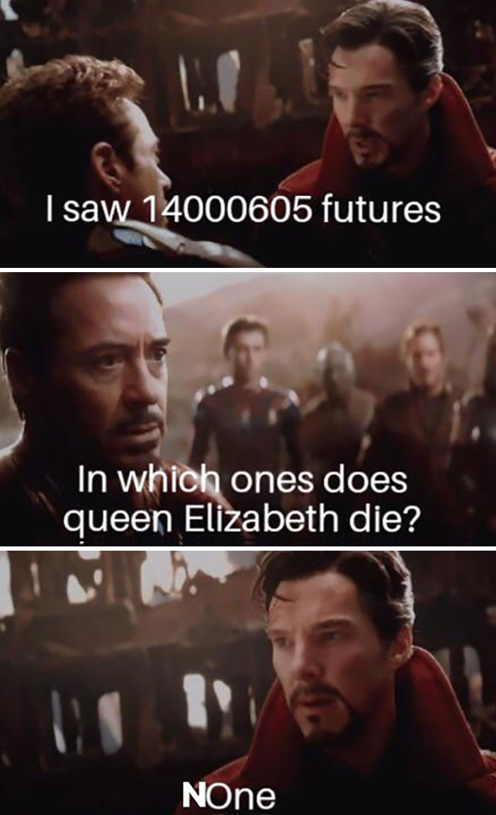 Movie characters discuss Queen being immortal with text saying no futures where she dies.
