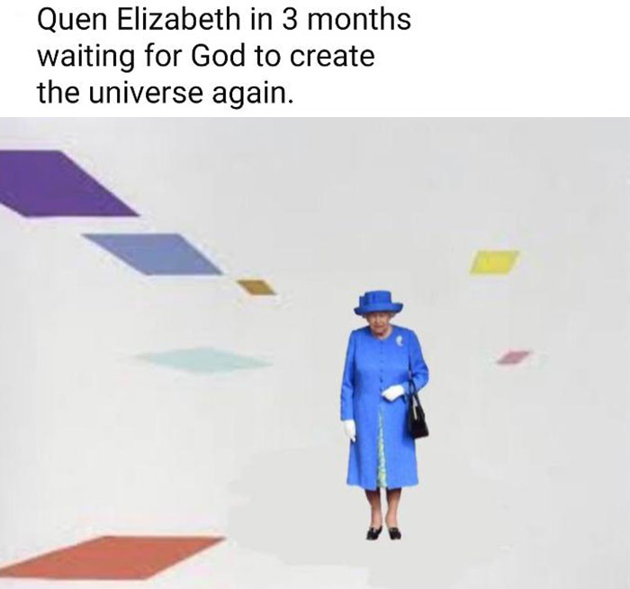 Queen in blue outfit humorously depicted as immortal in a meme.