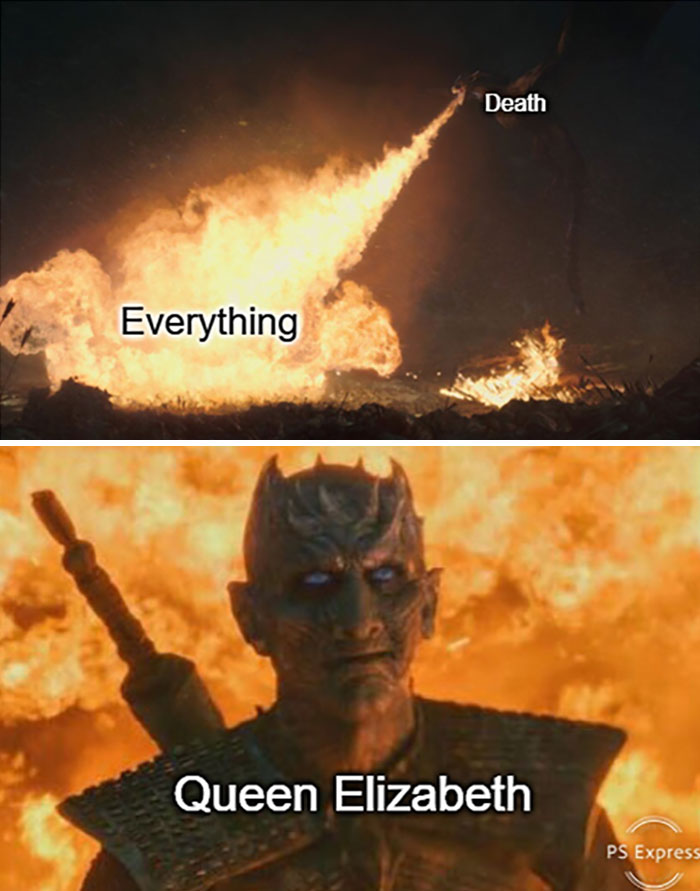 "Fiery scene with 'Death' above and 'Queen Elizabeth' emerging unharmed, highlighting the 'Queen is Immortal' meme theme."