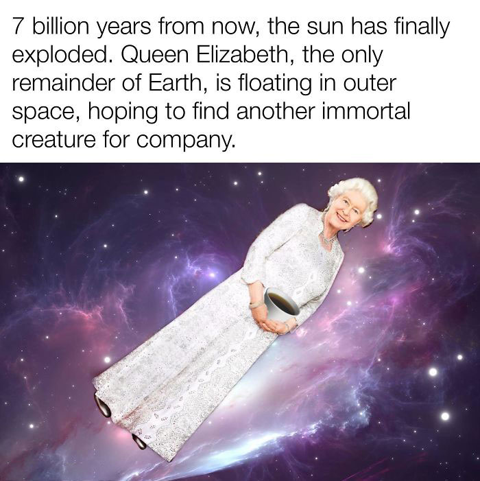 Elderly woman in a white dress floating in space, holding a hat, against a cosmic backdrop; humorous take on immortality.