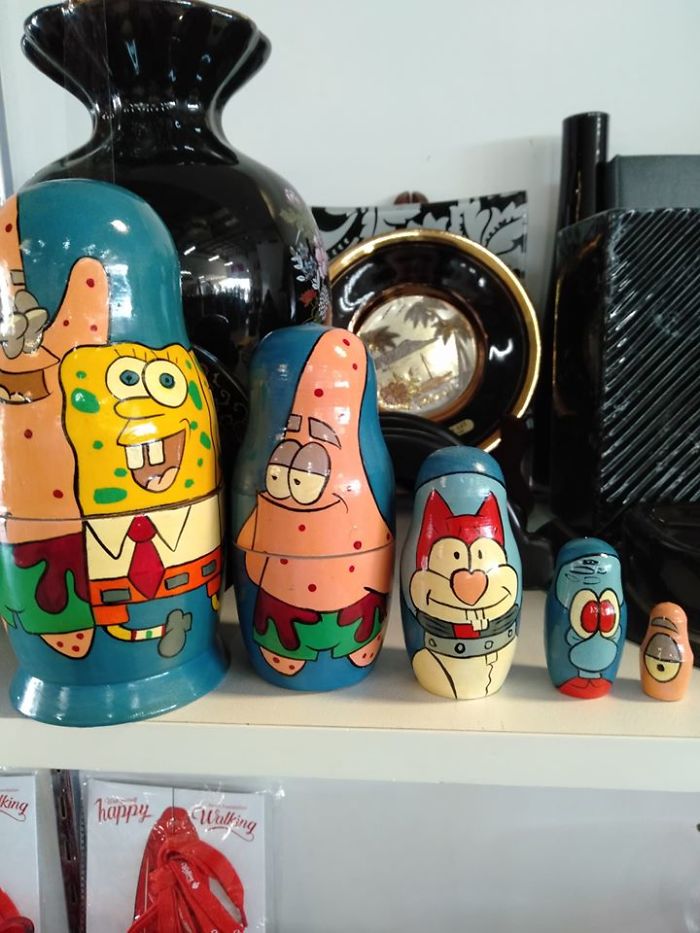 Handmade Spongebob Matryoshka/Nesting Dolls Found In Local Second Hand Store. The Squidward Is Killing Me