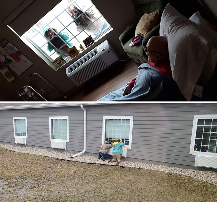 My Sister And I Visiting Dad At The Nursing Home Today. Since We Can't Go In... We Went To His Window