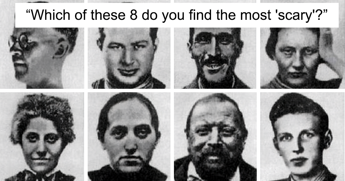 Eight black and white portraits from the Szondi Test showing varied facial expressions and emotions.