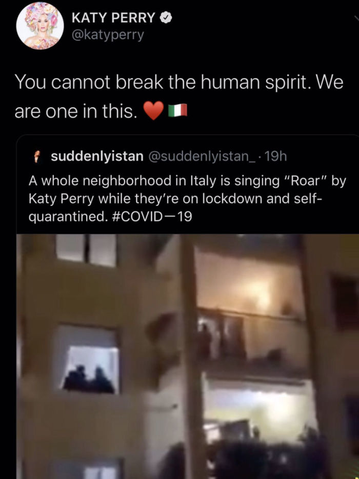 When Katy Perry Fell For This Video Of Quarantined Italians Singing “Roar” From Their Balconies. (The Video Is Edited)