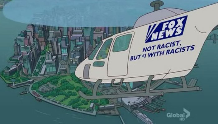 Animated helicopter flying over a cityscape with a satirical Fox News sign, one of the wittiest signs from The Simpsons.