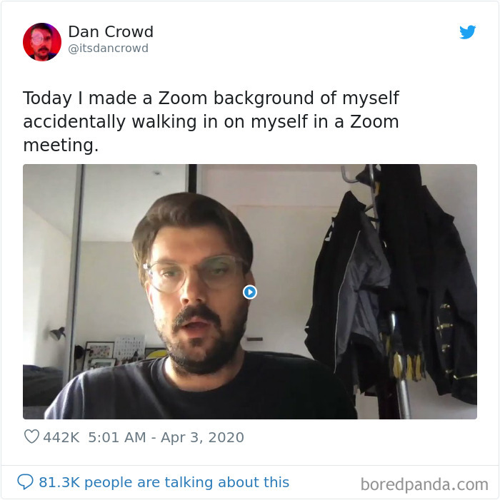 Man with glasses in a Zoom meeting using a creative background showcasing everyday realities of Zoom meetings.