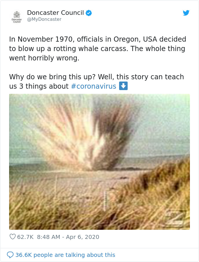 People Are Applauding This Twitter Manager For Using A Whale Blown Up In The 1970s As A Lesson On Coronavirus People Are Applauding This Twitter Manager For Using A Whale Blown Up In The 1970s As A Lesson On Coronavirus