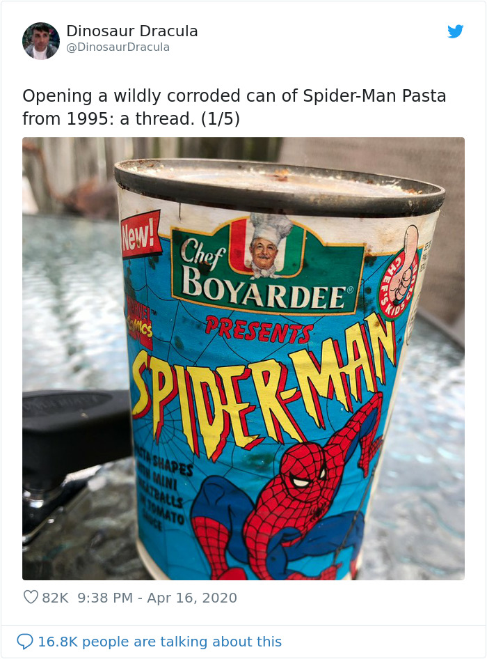 Guy Opens A Can Of Spider-Man Pasta From 1995