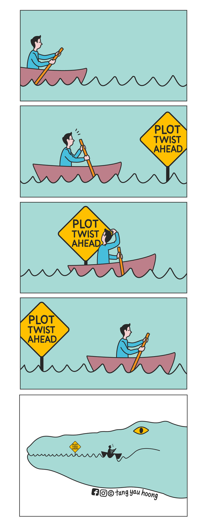 Man in a boat encountering a plot twist ahead sign, revealing a giant crocodile in this comic with unexpected endings.