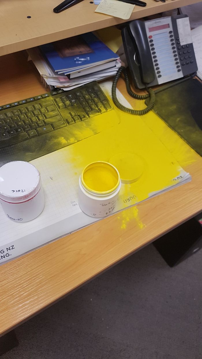 Dropped A Pot Of Powder-Coating Powder All Over My Boss' Desk