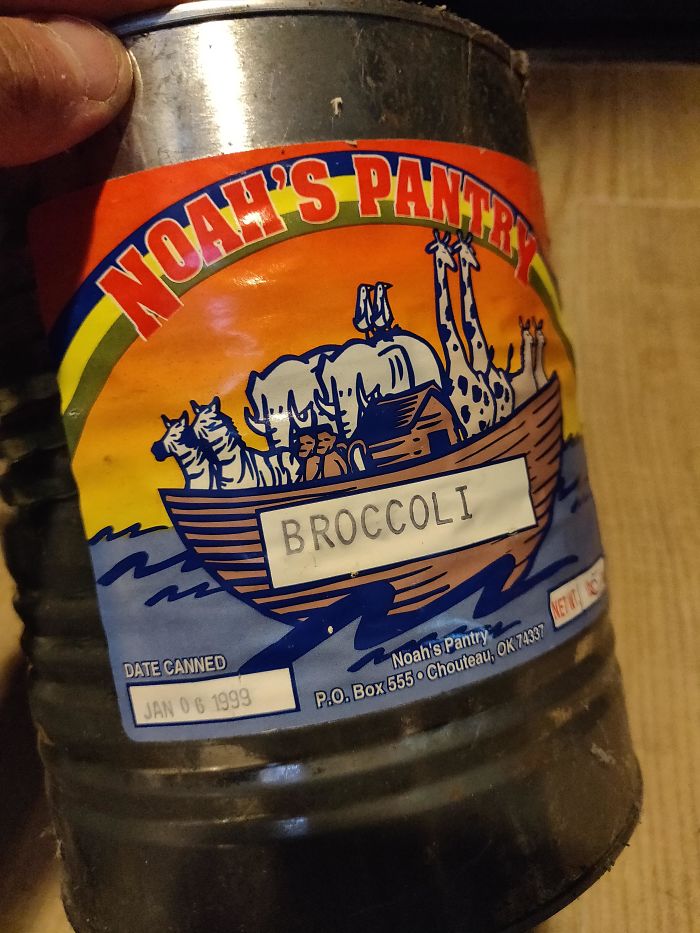 Since We're All Stuck In The House, My Family Finally Had A Chance To Do Some Spring Cleaning. Cleaned So Deep That We Unearthed Some Cans Of Food Leftover From The Y2k Scare. Behold, 20 Year-Old Dehydrated Broccoli