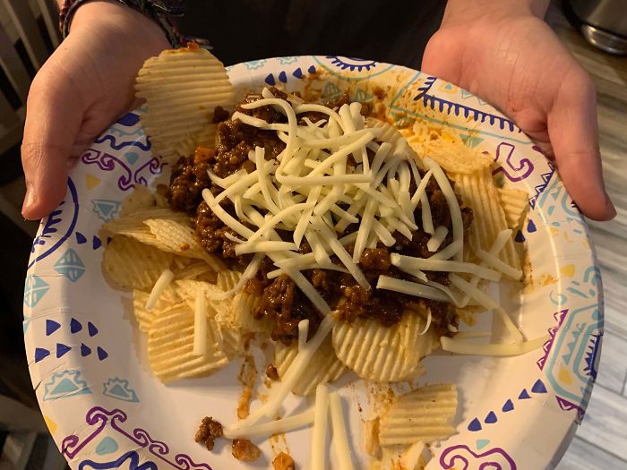 Day 21 Of Quarantine: White Trash Nachos - Potato Chips, Leftover Sloppy Joe, Random Leftover Cheese
