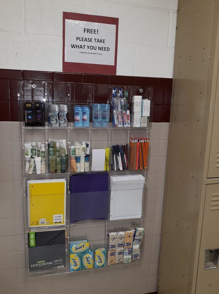 High School Club Sponsors A Free Necessities Board For Students Including School Supplies And Hygiene Items